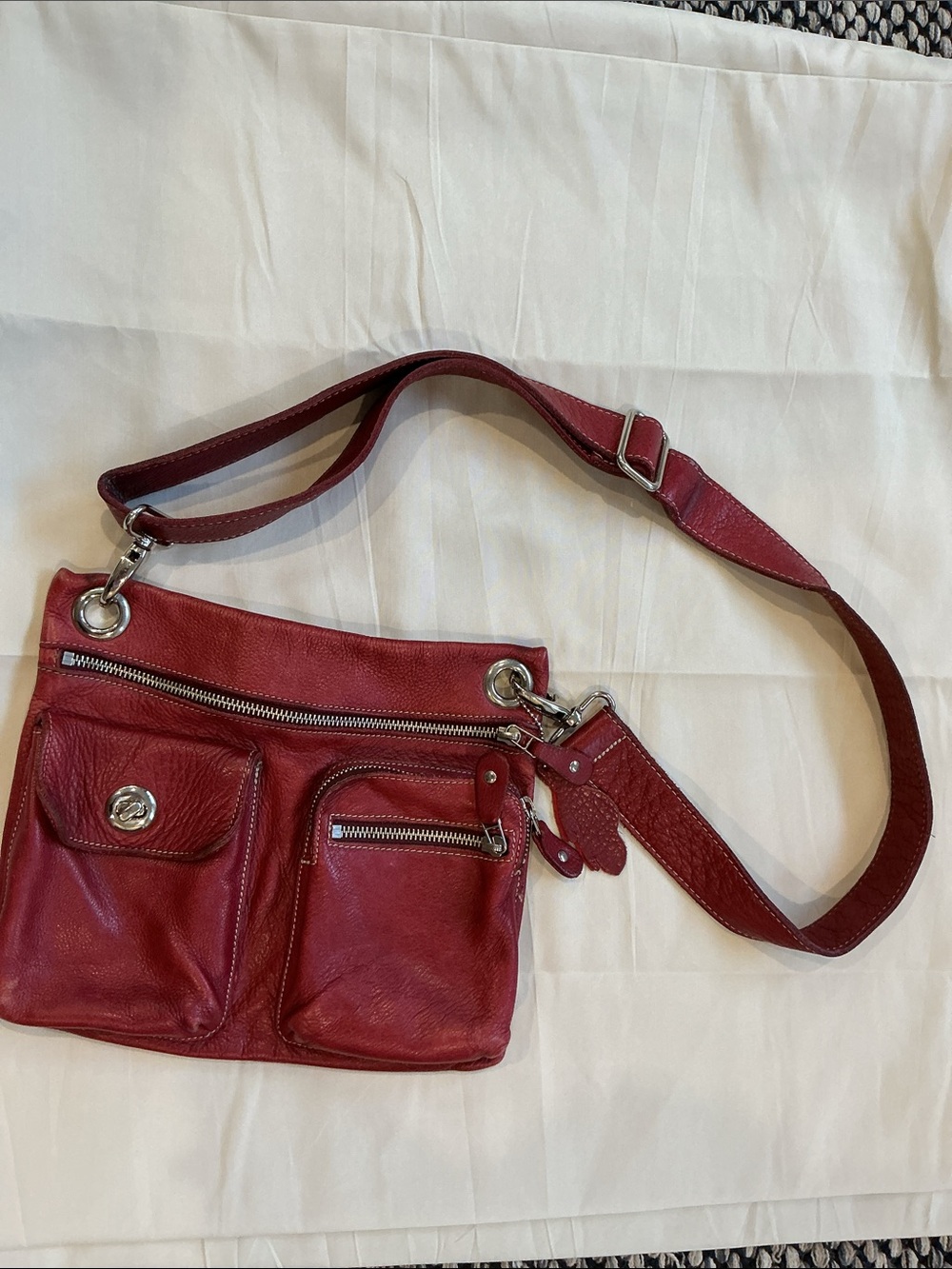 Roots  Red Leather Crossbody Bag with Front Pockets